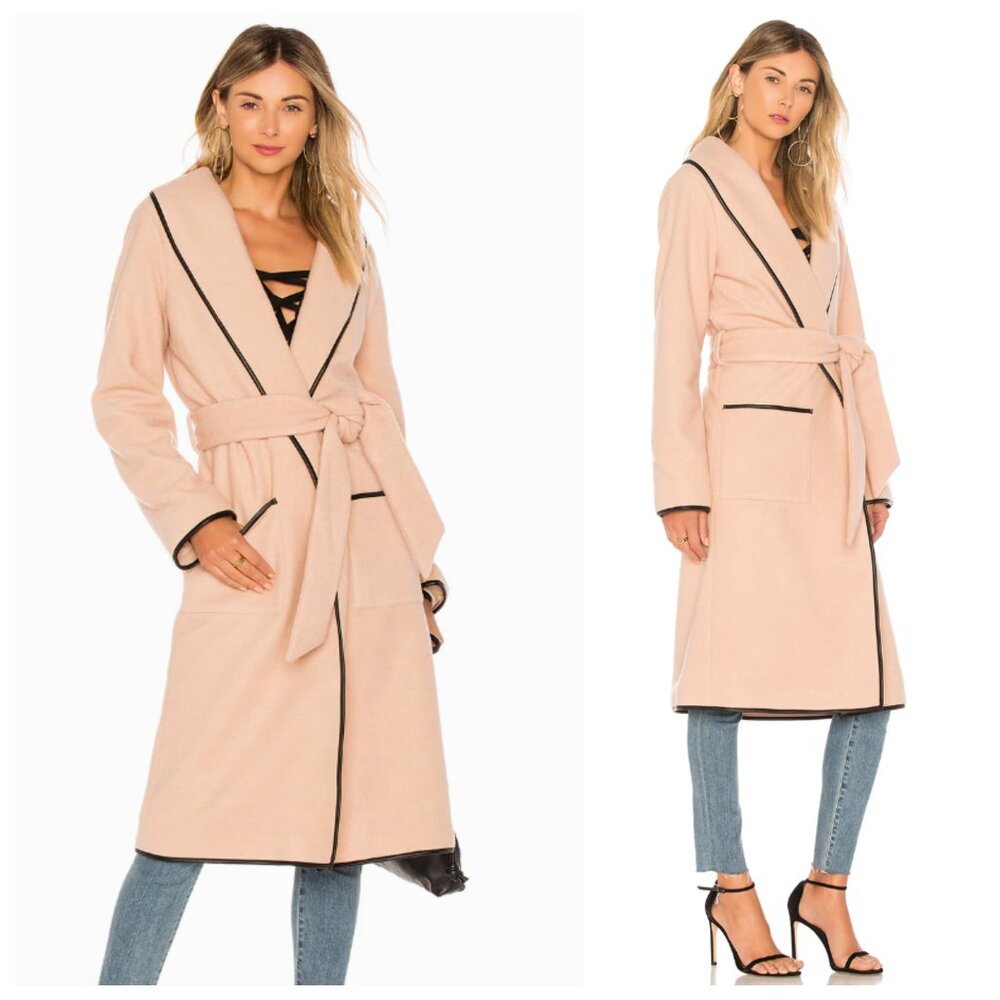 Revolve Tularosa Nadia Wool Blush & Black Piping Wrap Belted Tie Long Coat